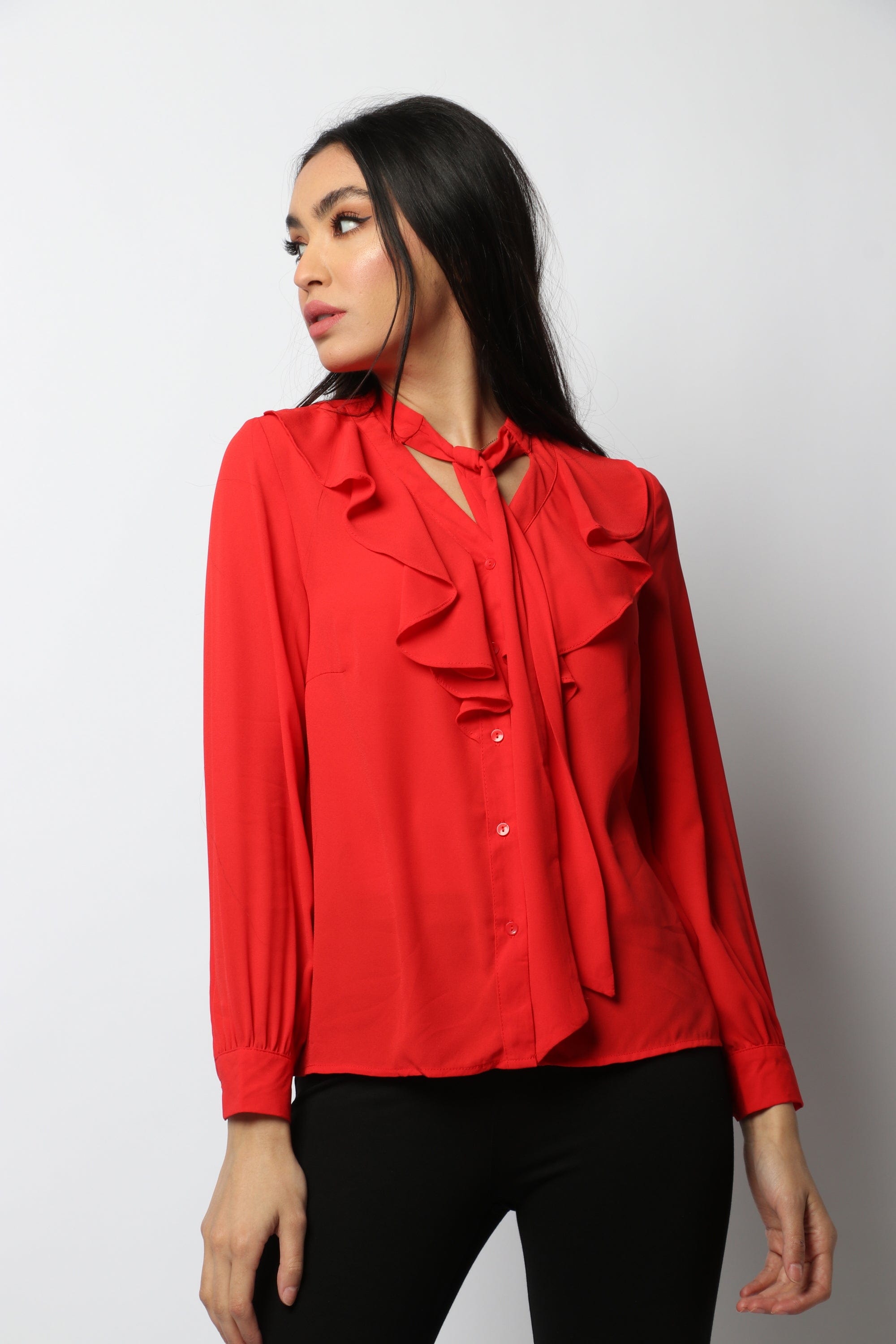 نتشي بلوزة بأزرار أمامية بصدر مكشكش بأكمام بربطة عنق طويلة نسائي أحمر قرمزي