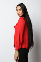 نتشي بلوزة بأزرار أمامية بصدر مكشكش بأكمام بربطة عنق طويلة نسائي أحمر قرمزي
