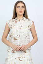 نتشي بلوزة مشجرة كت بياقة مزودة بأزرار أمامية نسائي