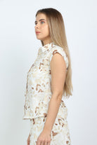 نتشي بلوزة مشجرة كت بياقة مزودة بأزرار أمامية نسائي