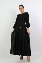 نتشي فستان طويل بحزام خصر باكمام بف بكسرات طويلة