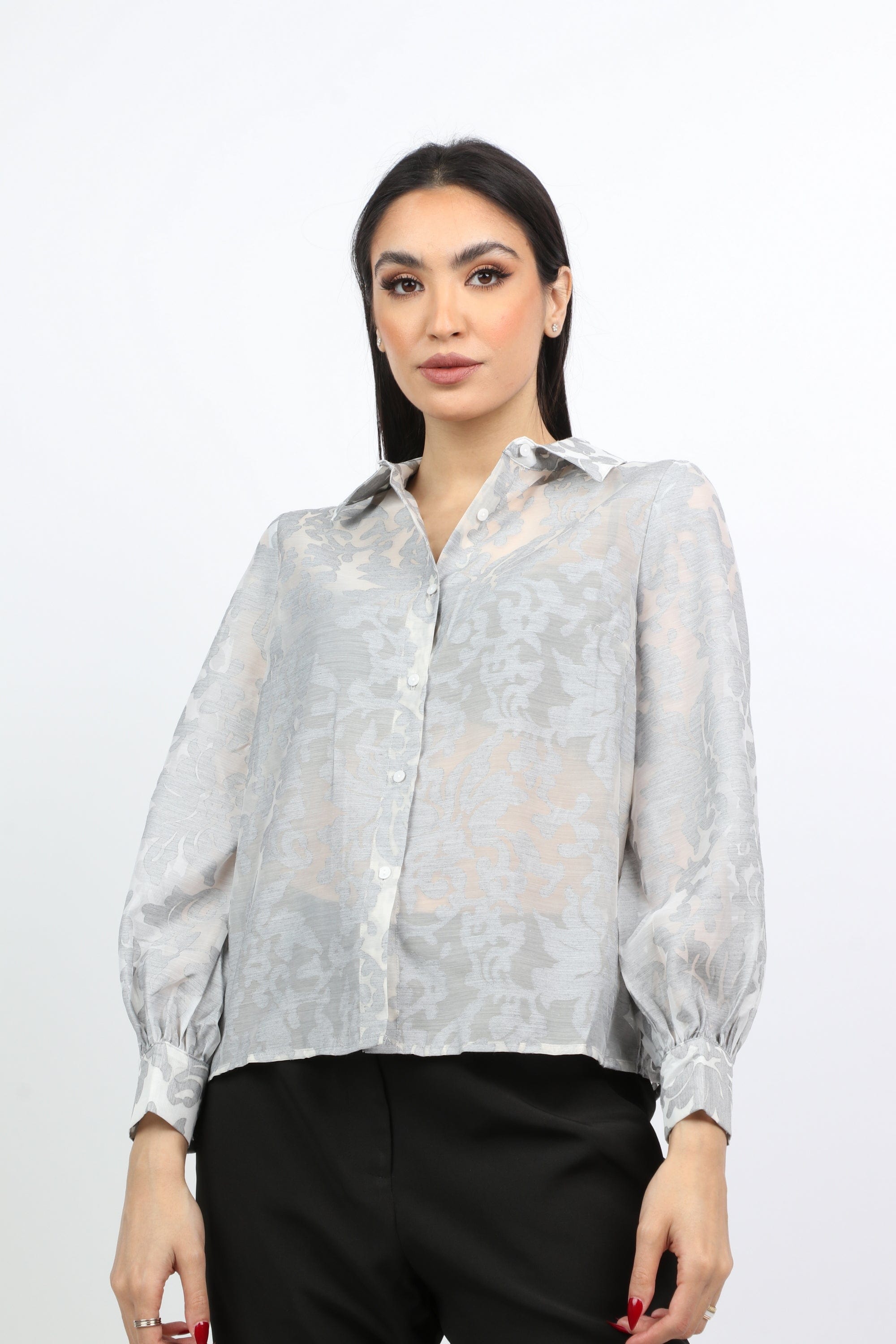 نتشي قميص نسائي شفاف بأكمام منفوخة