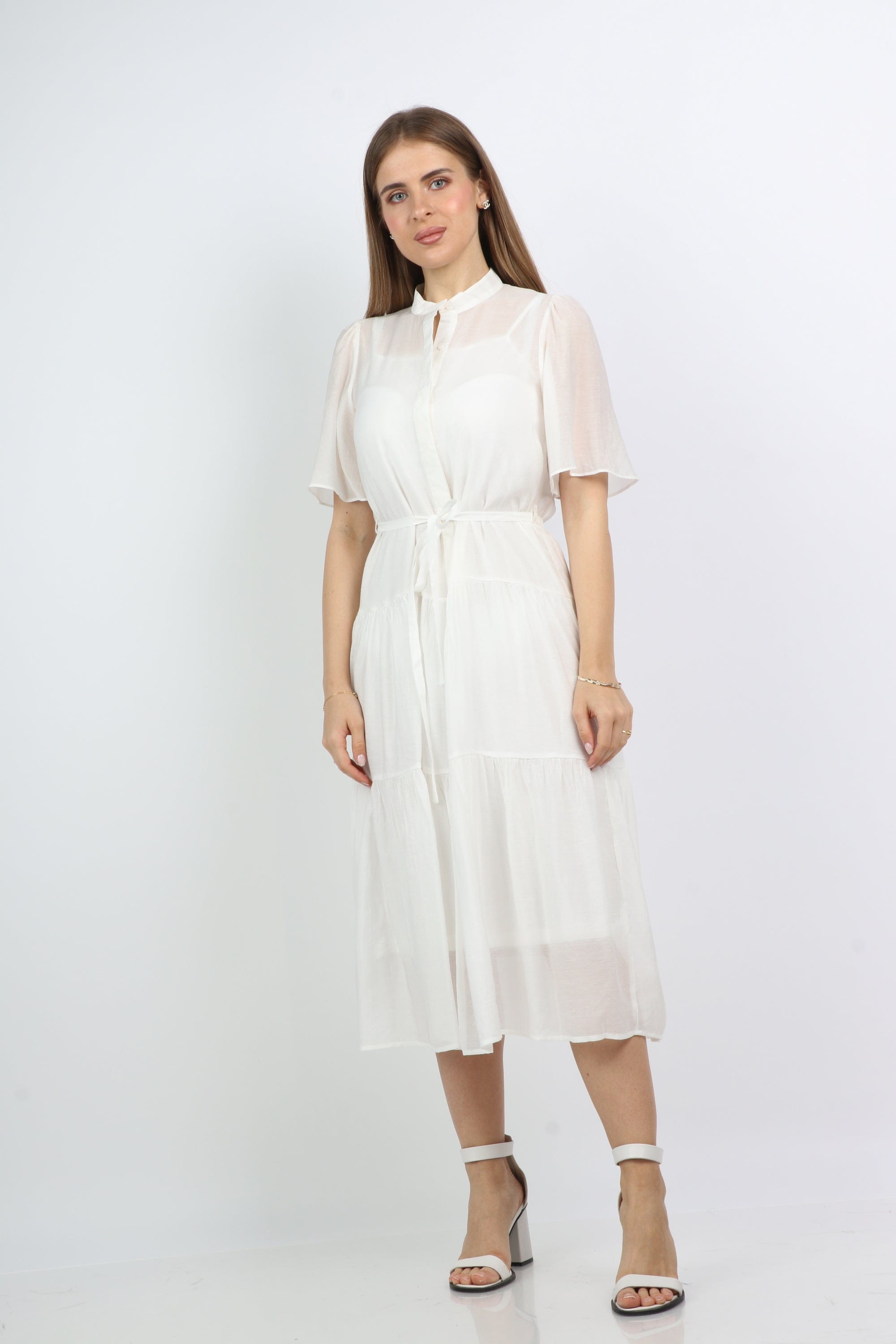 نتشي فستان ميدي واسع شفاف بأزرار أمامية كم فراشة قصير