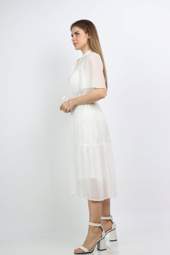 نتشي فستان ميدي واسع شفاف بأزرار أمامية كم فراشة قصير