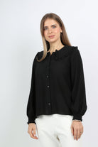 نتشي بلوزة رسمية بأزرار أمامية من طويل أسورة أستيك وياقة كبيرة نسائي