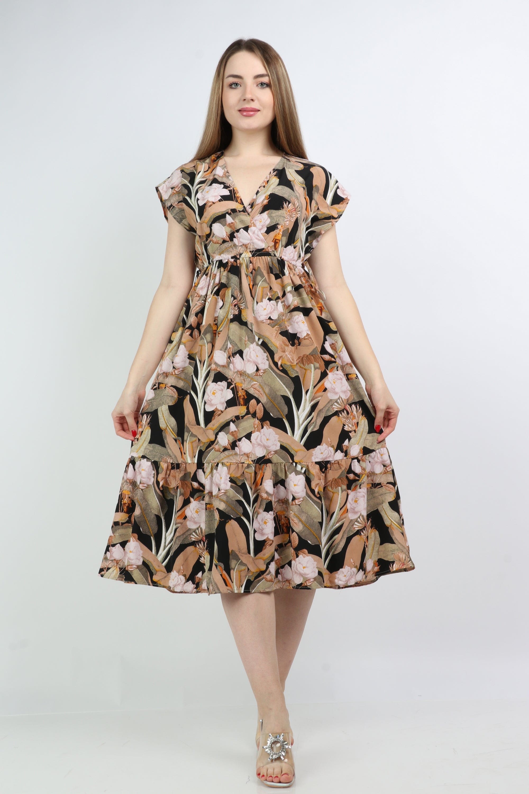 نتشي فستان ميدي مشجر واسع من تحت بكم قصير