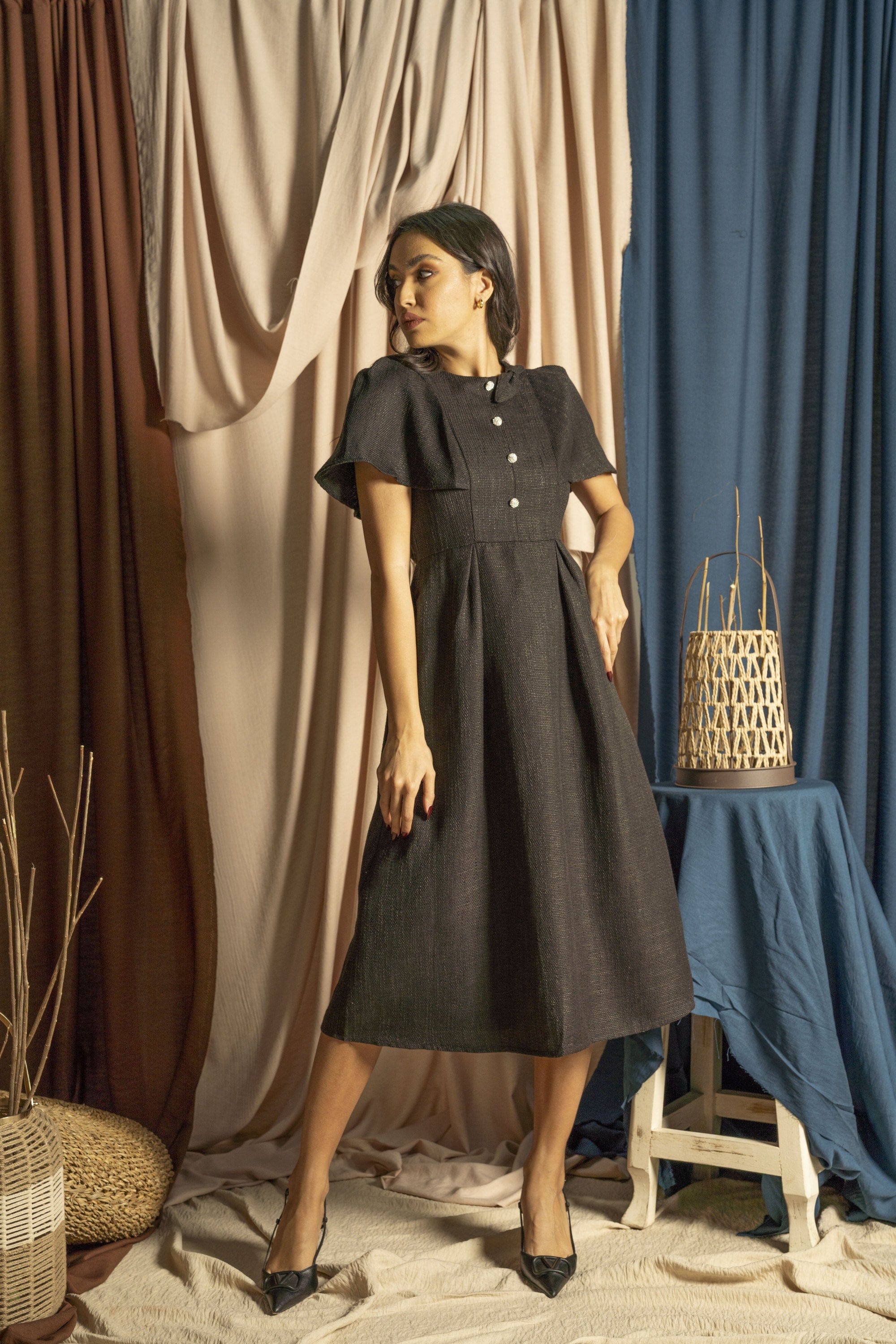 Solid Midi Dress with Flutter Sleeves