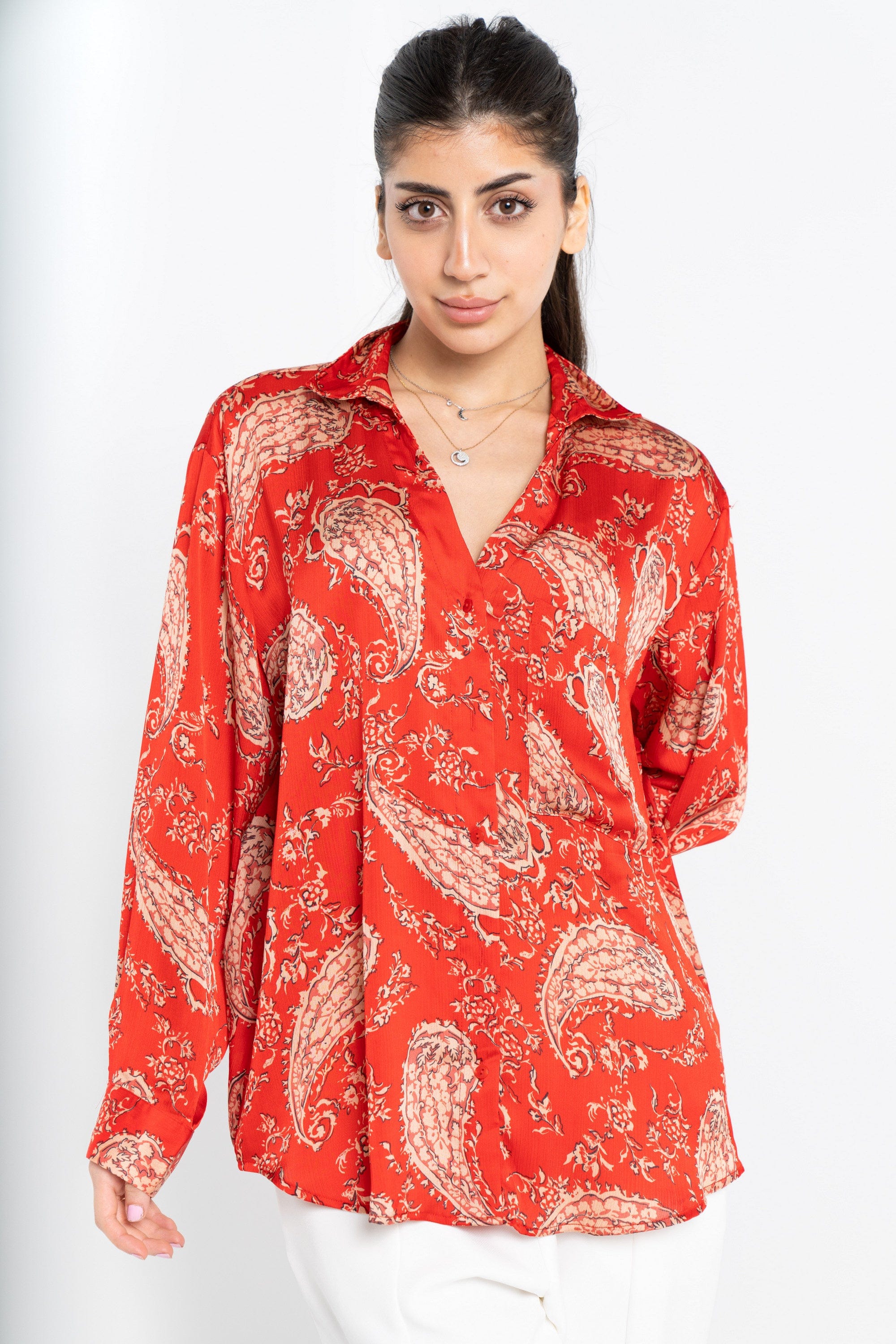 نتشي بلوزة منقوش بأزرار أمامية كم طويل نسائي