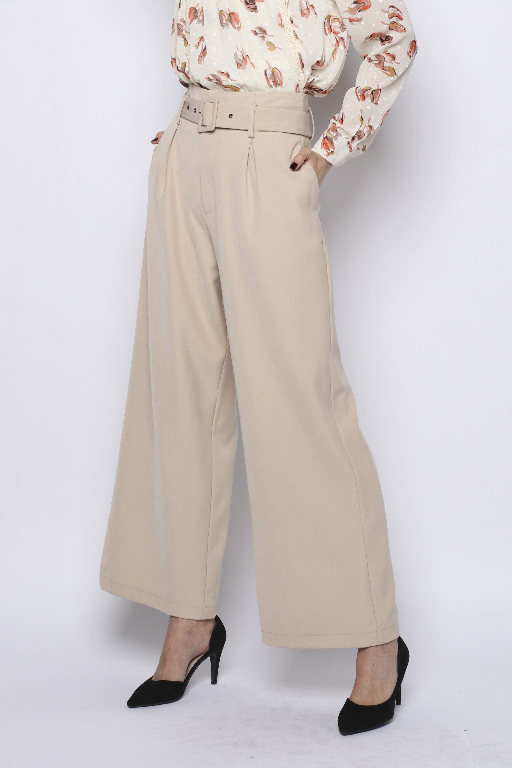 نتشي بنطلون كلاسيك بحزام واسع طويل نسائي