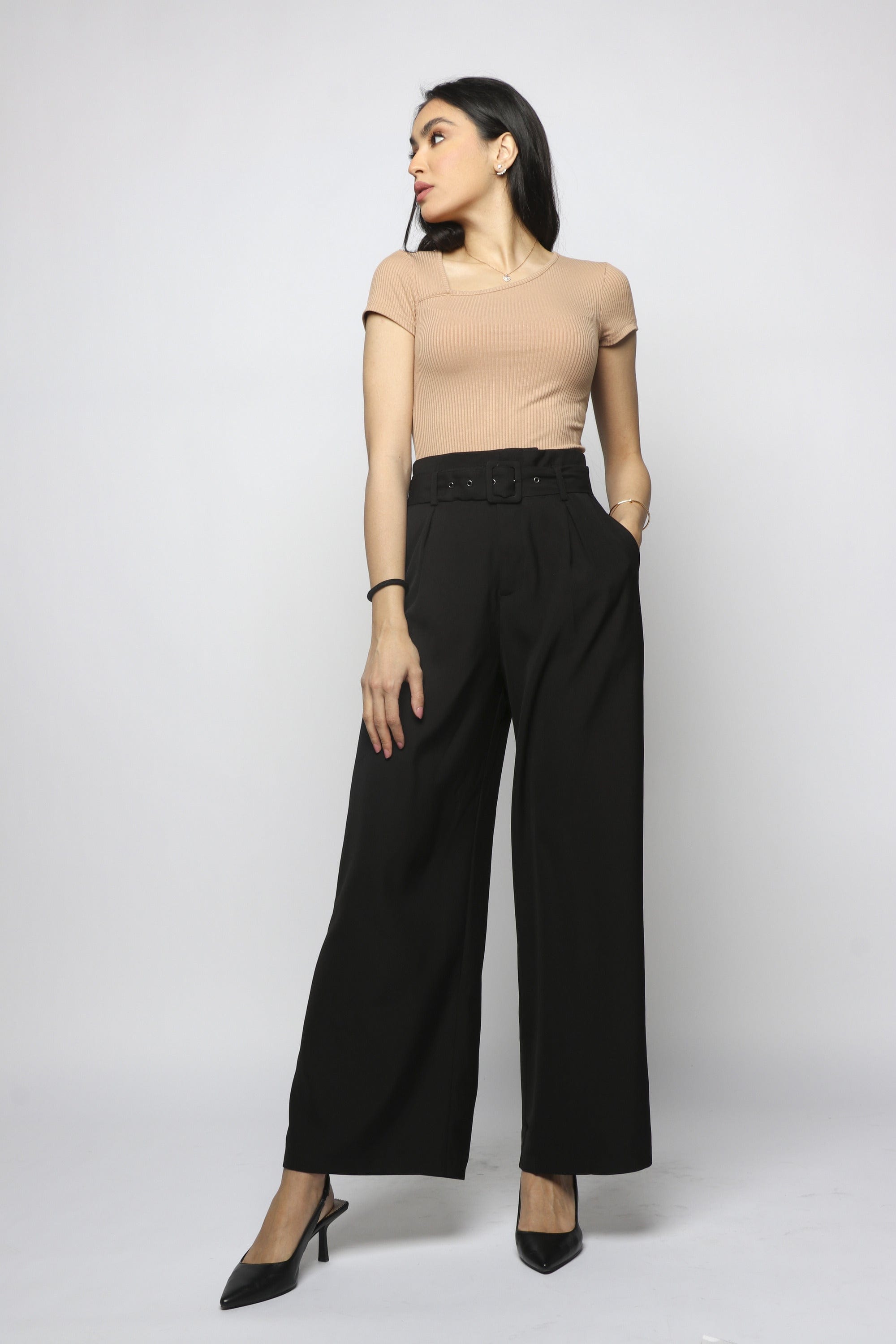 نتشي بنطلون كلاسيك بحزام واسع طويل نسائي