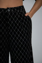 نتشي بنطلون مربعات هاي ويست واسع طويل نسائي