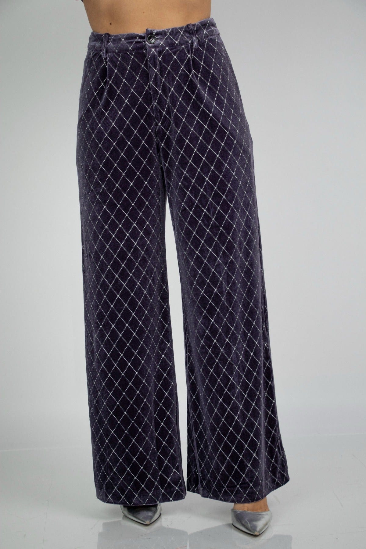 نتشي بنطلون مربعات هاي ويست واسع طويل نسائي