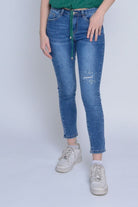 ميكا بنطلون جينز مقطع ومطرز بسحاب وزرار وجيوب طويل نسائي