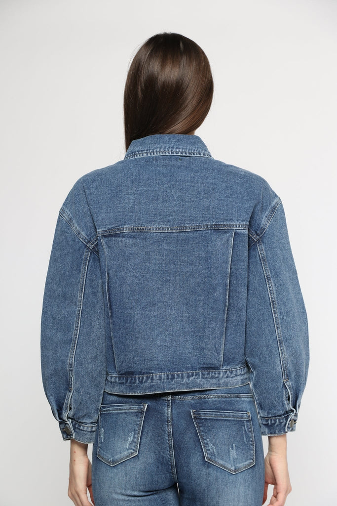 ميكا جاكيت جينز قصير بأزرار أمامية بياقة كم طويل بجيوب جانبية نسائي