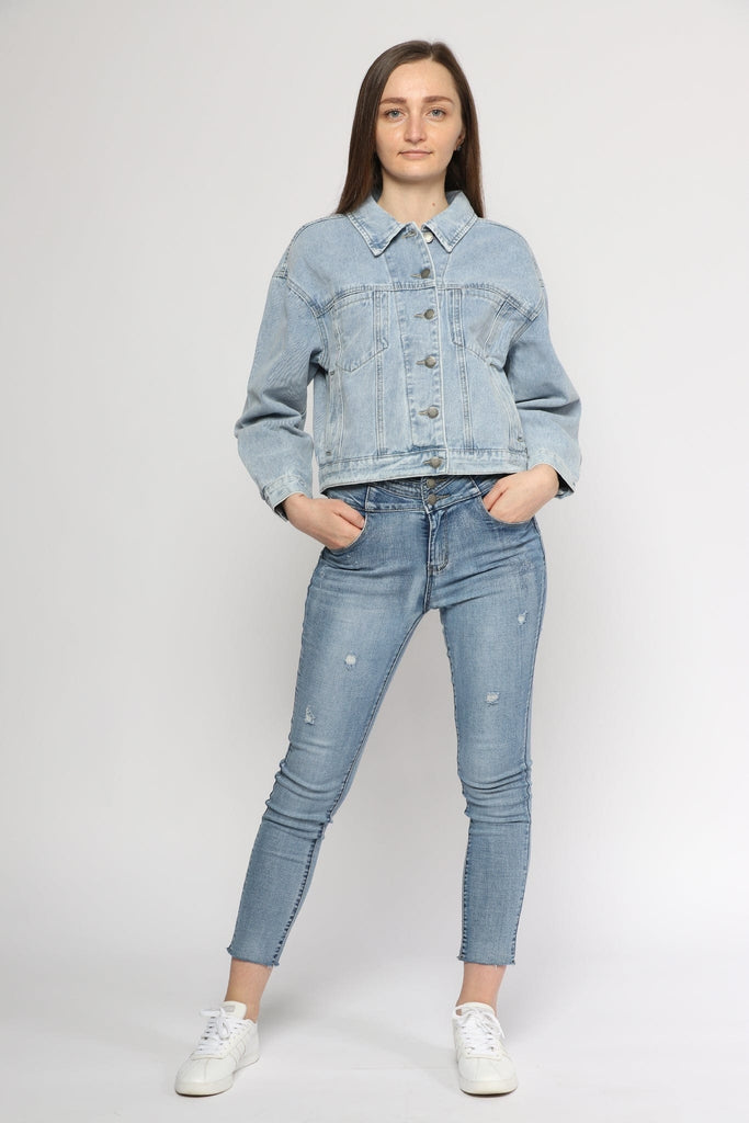 ميكا جاكيت جينز قصير بأزرار أمامية بياقة كم طويل بجيوب جانبية نسائي