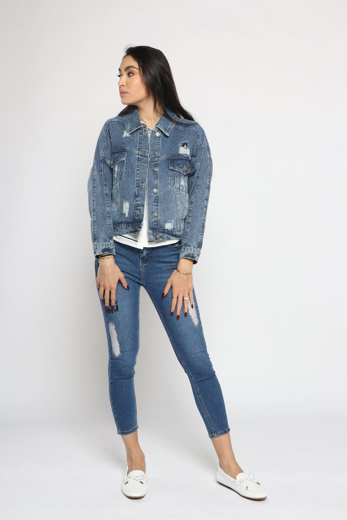 ميكا جاكيت جينز مقطع بأزرار أمامية بجيوب وياقة كم طويل نسائي