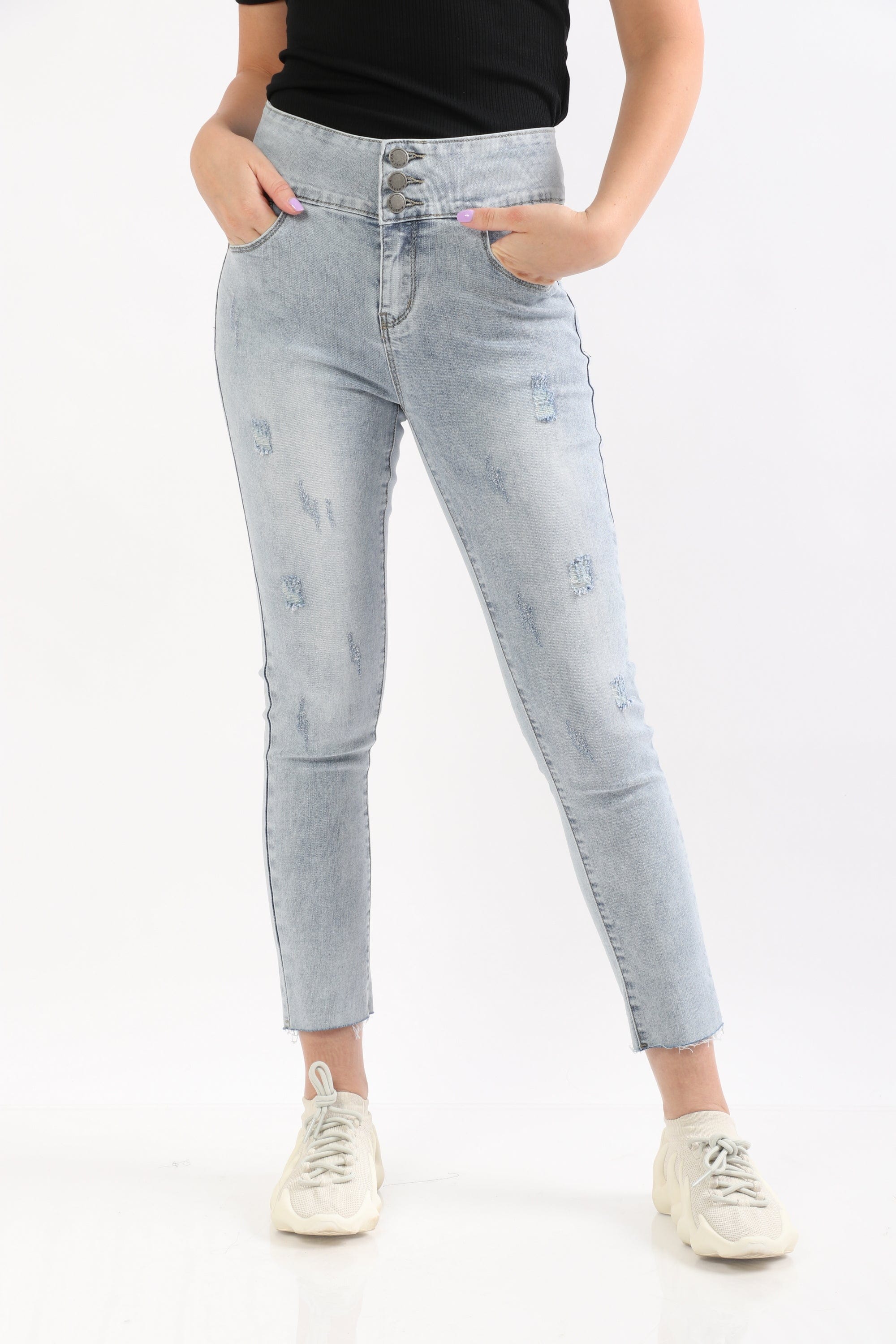 ميكا بنطلون هاي ويست سكيني أزرار بجيوب أمامية طويل نسائي