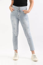 ميكا بنطلون هاي ويست سكيني أزرار بجيوب أمامية طويل نسائي