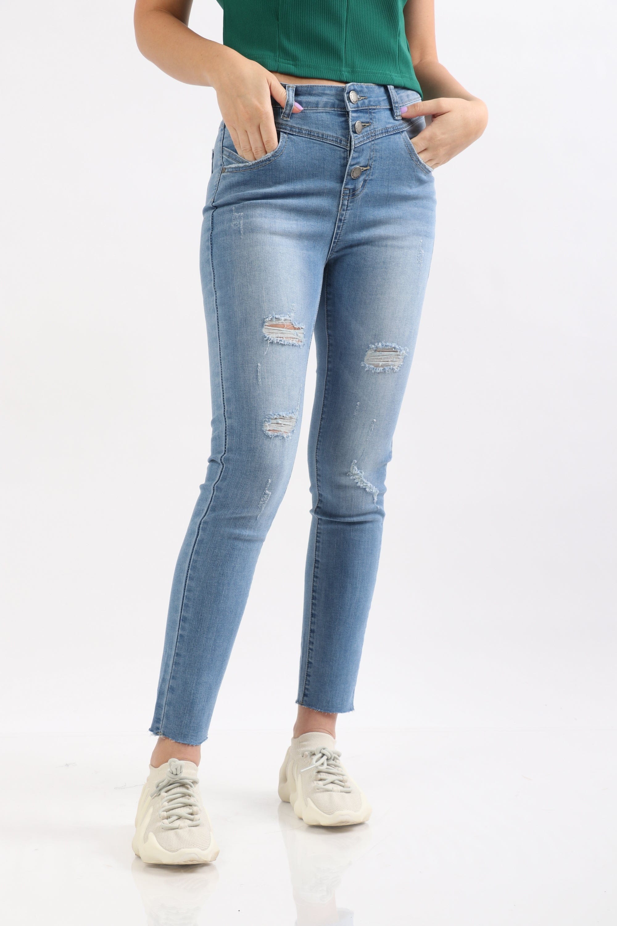 ميكا بنطلون هاي ويست بأزرار وجيوب جانبية طويل نسائي