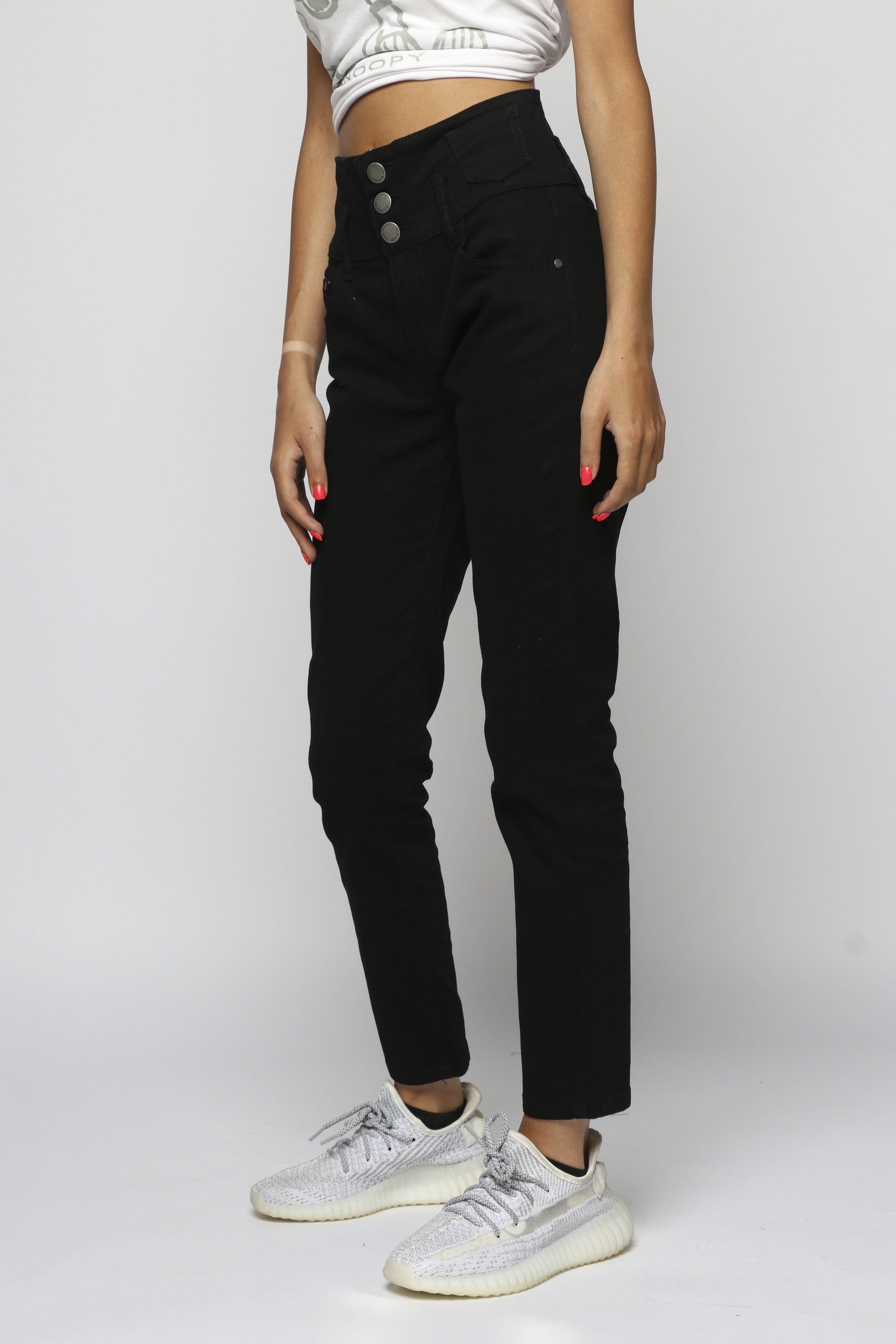 ميكا بنطلون طويل هاي ويست بثلاثة أزرار طويل نسائي