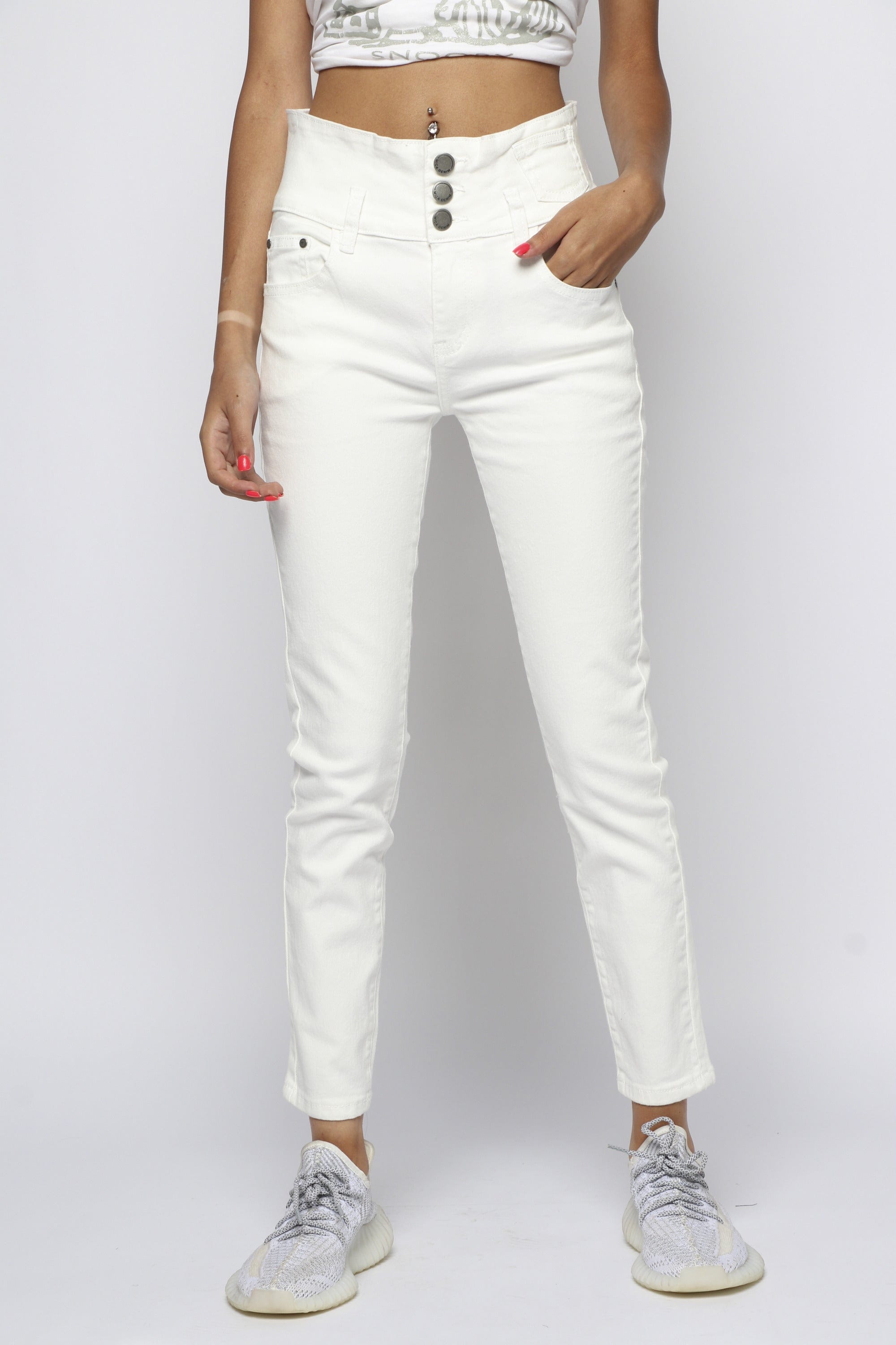 ميكا بنطلون طويل هاي ويست بثلاثة أزرار طويل نسائي