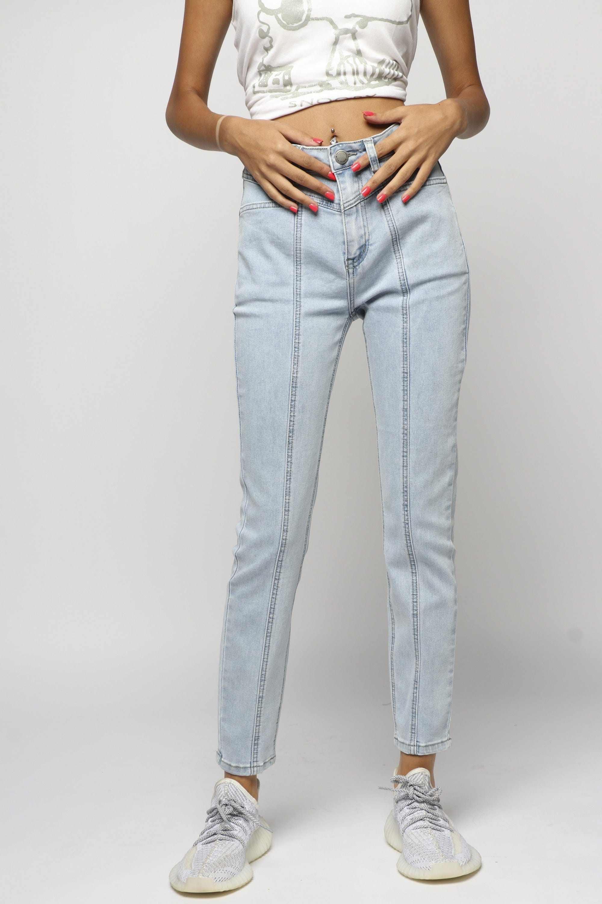 ميكا بنطلون جينز هاي ويست سكيني بسحاب وزرار وجيوب طويل نسائي