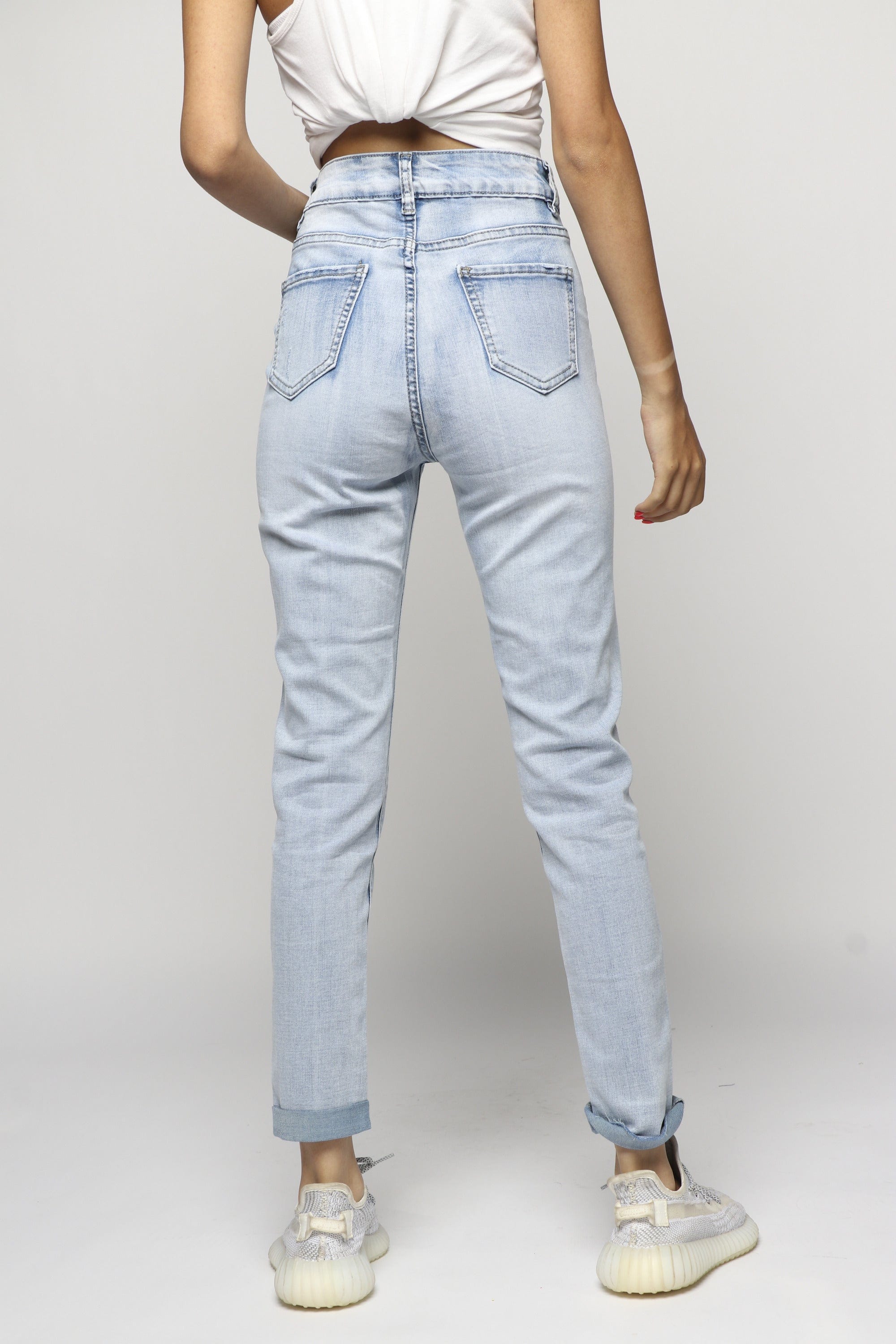 ميكا بنطلون جينز هاي ويست بسحاب وزرار طويل نسائي