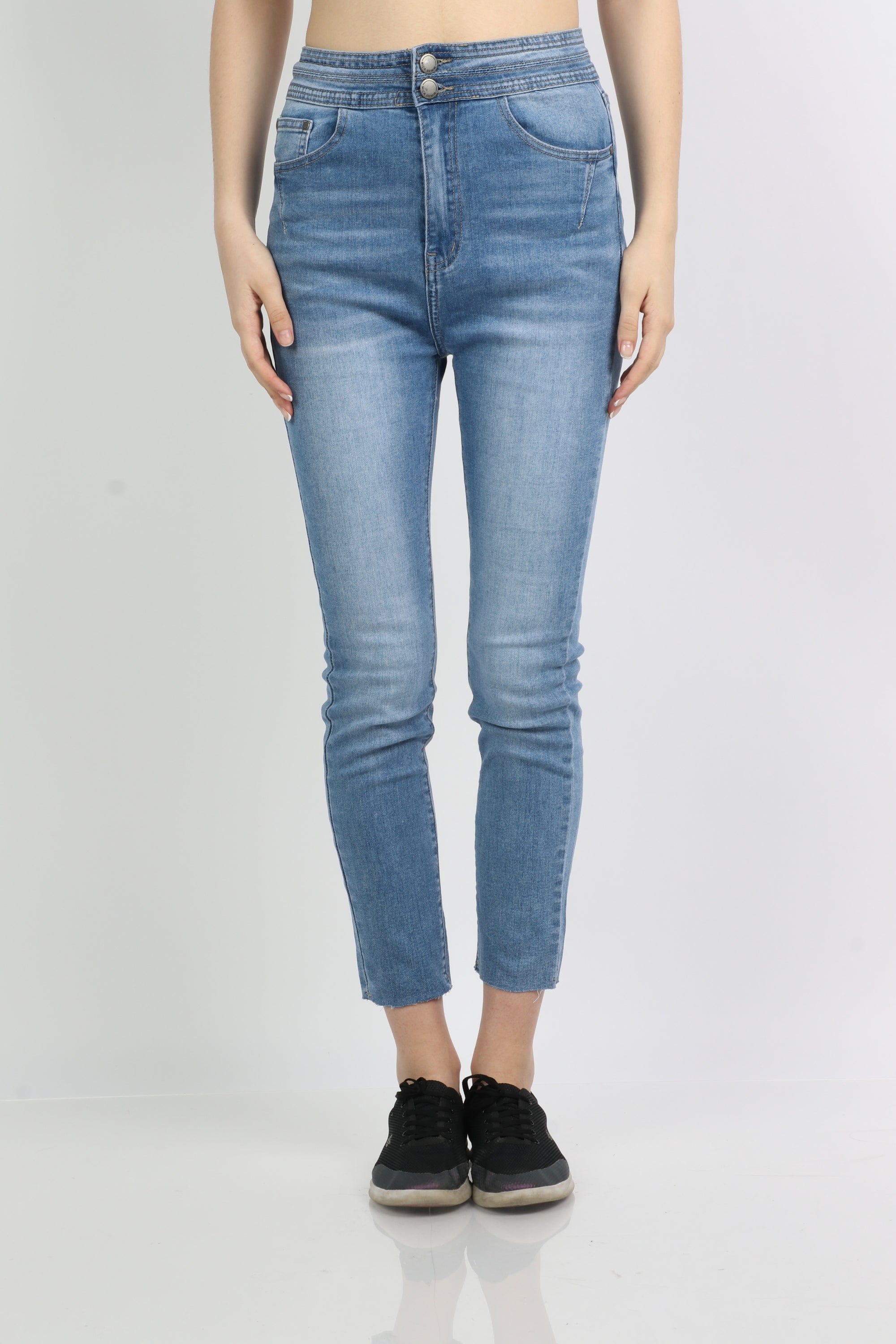 ميكا بنطلون جينز هاي ويست سكيني بسحاب وزرارين وجيوب أمامية طويل نسائي