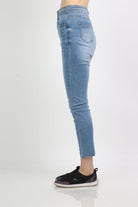 ميكا بنطلون جينز هاي ويست سكيني بسحاب وزرارين وجيوب أمامية طويل نسائي