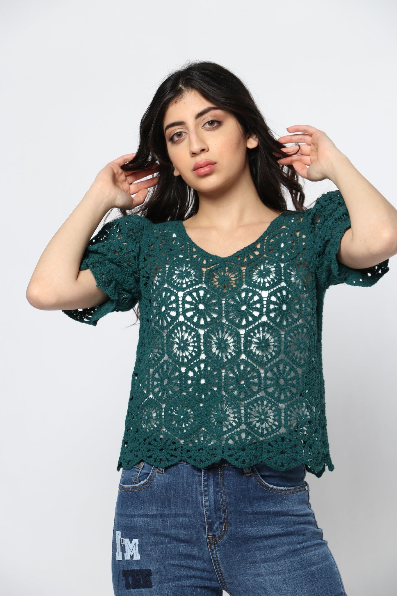 ميكا بلوزة دانتيل كم قصير منفوخ نسائي