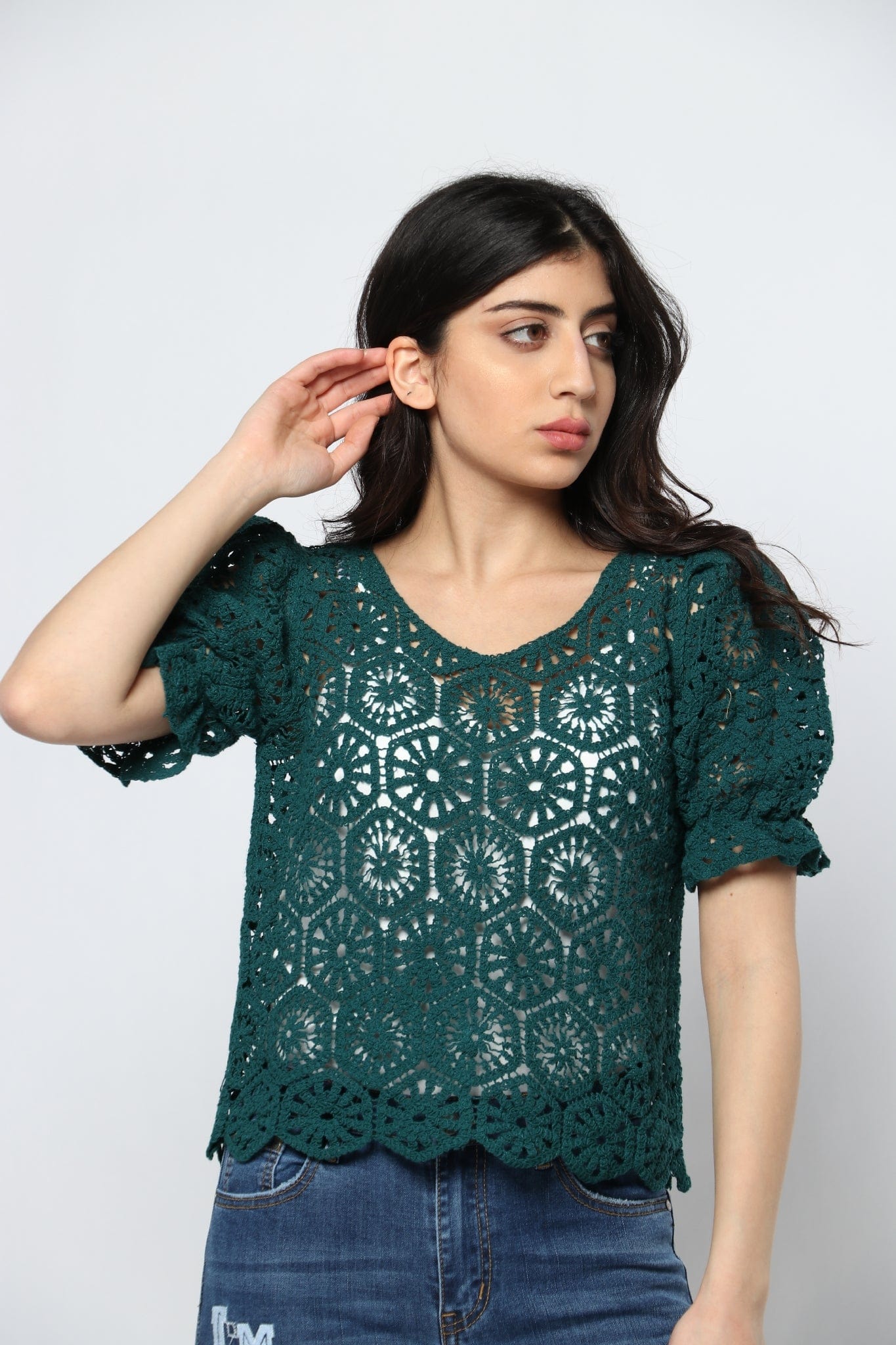 ميكا بلوزة دانتيل كم قصير منفوخ نسائي