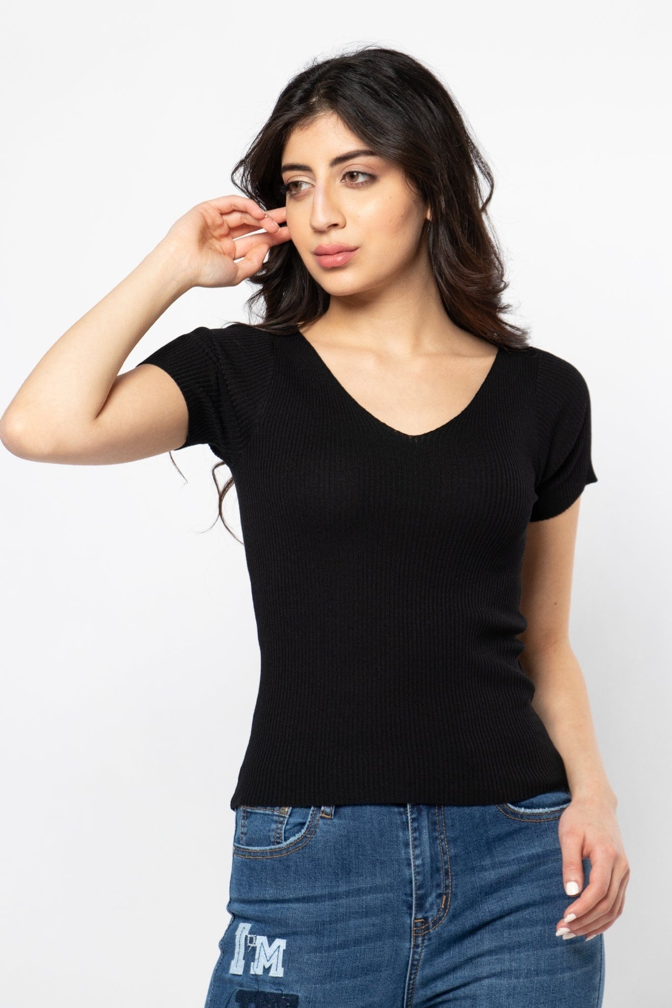 ميكا بلوزة بأكمام قصيرة مضلعة سادة