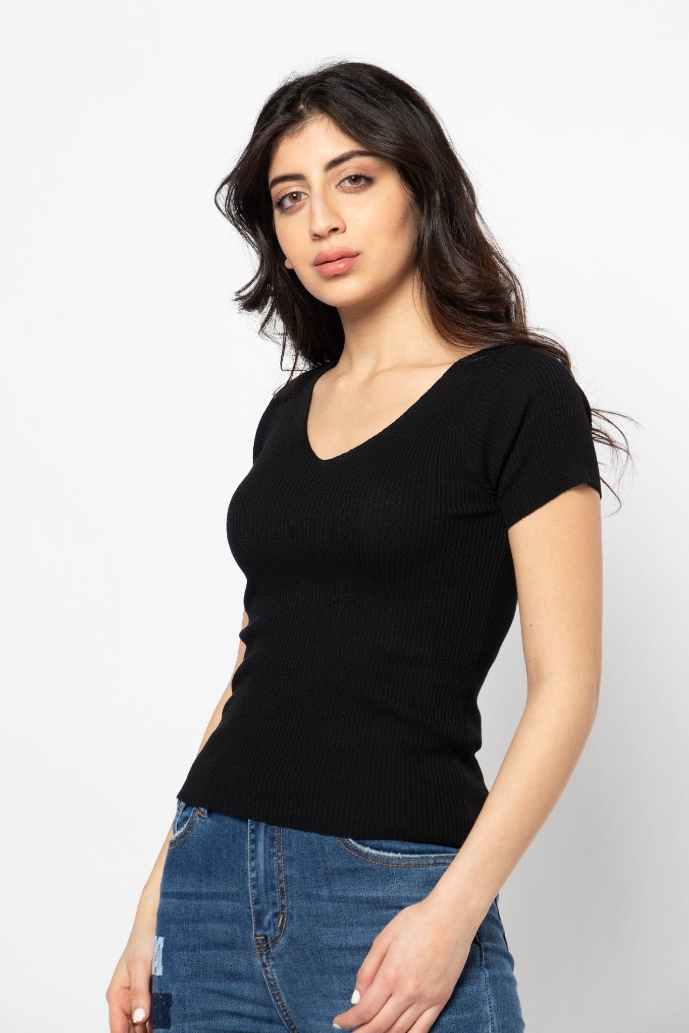 ميكا بلوزة بأكمام قصيرة مضلعة سادة