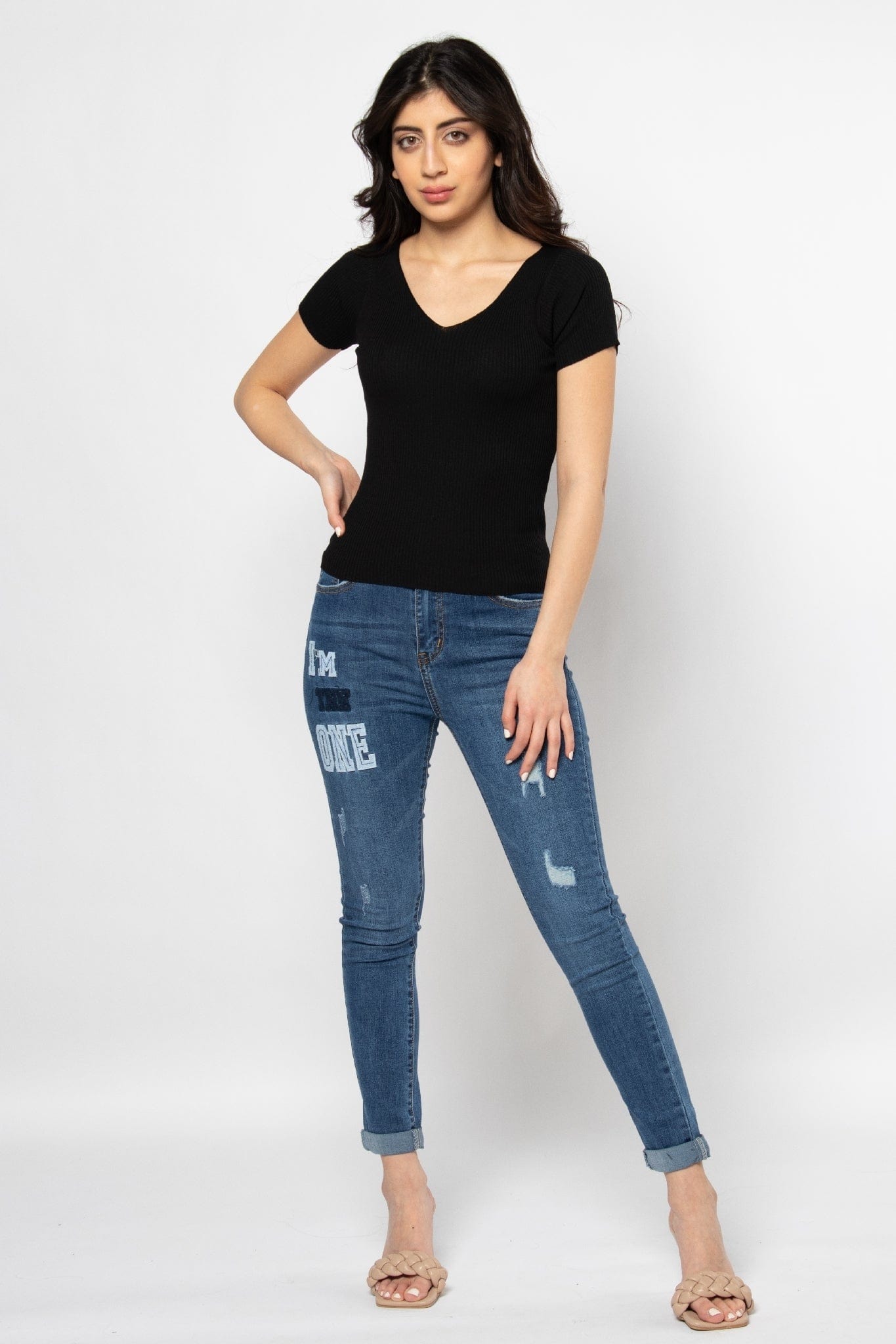 ميكا بلوزة بأكمام قصيرة مضلعة سادة