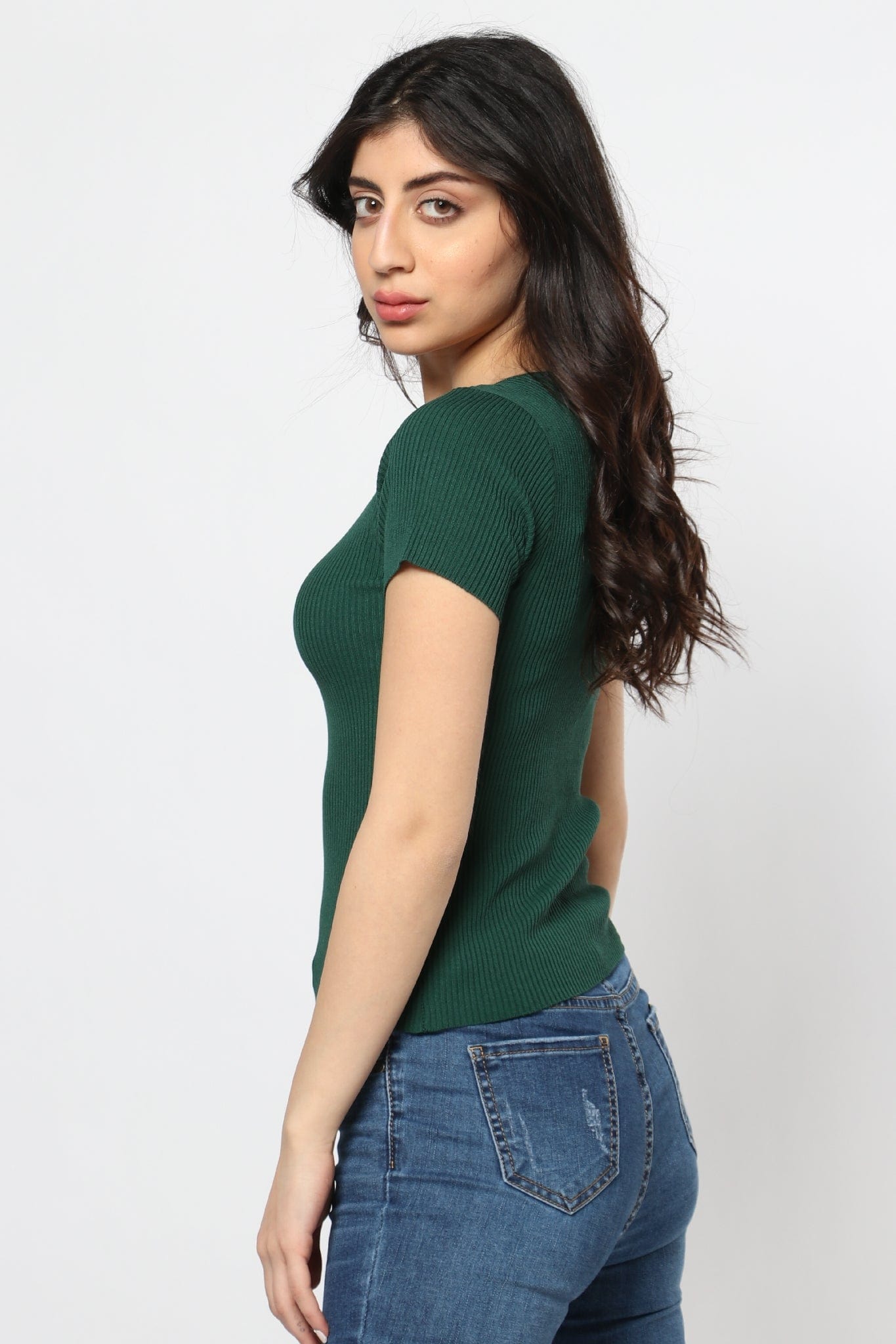 ميكا بلوزة بأكمام قصيرة مضلعة سادة