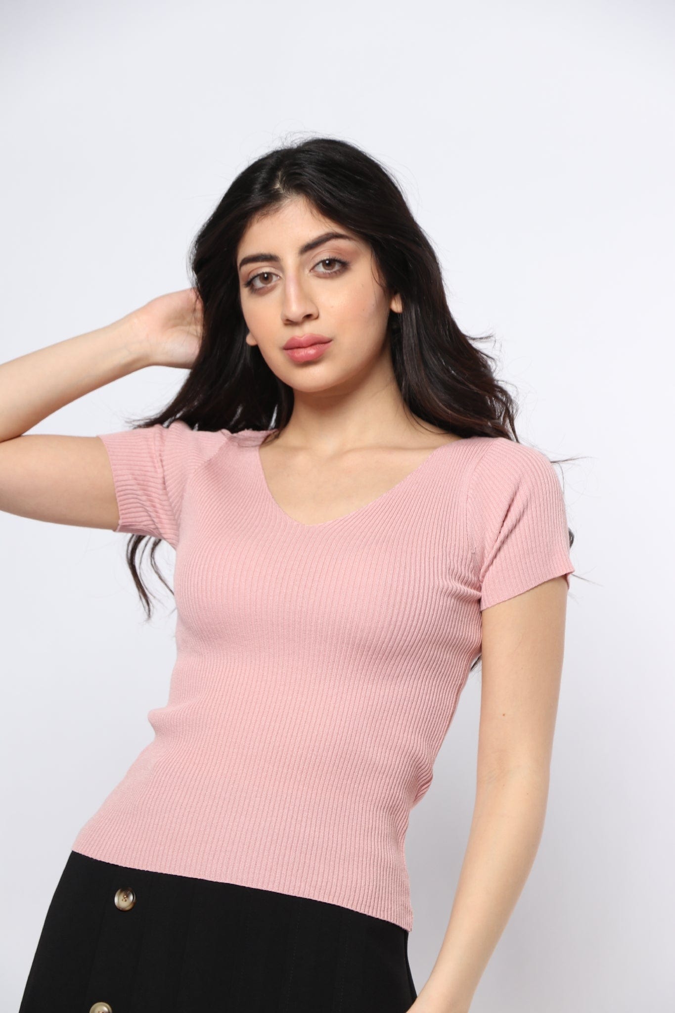 ميكا بلوزة بأكمام قصيرة مضلعة سادة