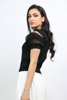 ميكا بلوزة سادة بأكمام قصيرة مكشكشة ياقة دائرية نسائي