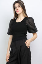 ميكا بلوزة سادة بياقة مربعة أكمام شيفون نسائي