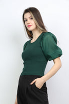 ميكا بلوزة سادة بياقة مربعة أكمام شيفون نسائي