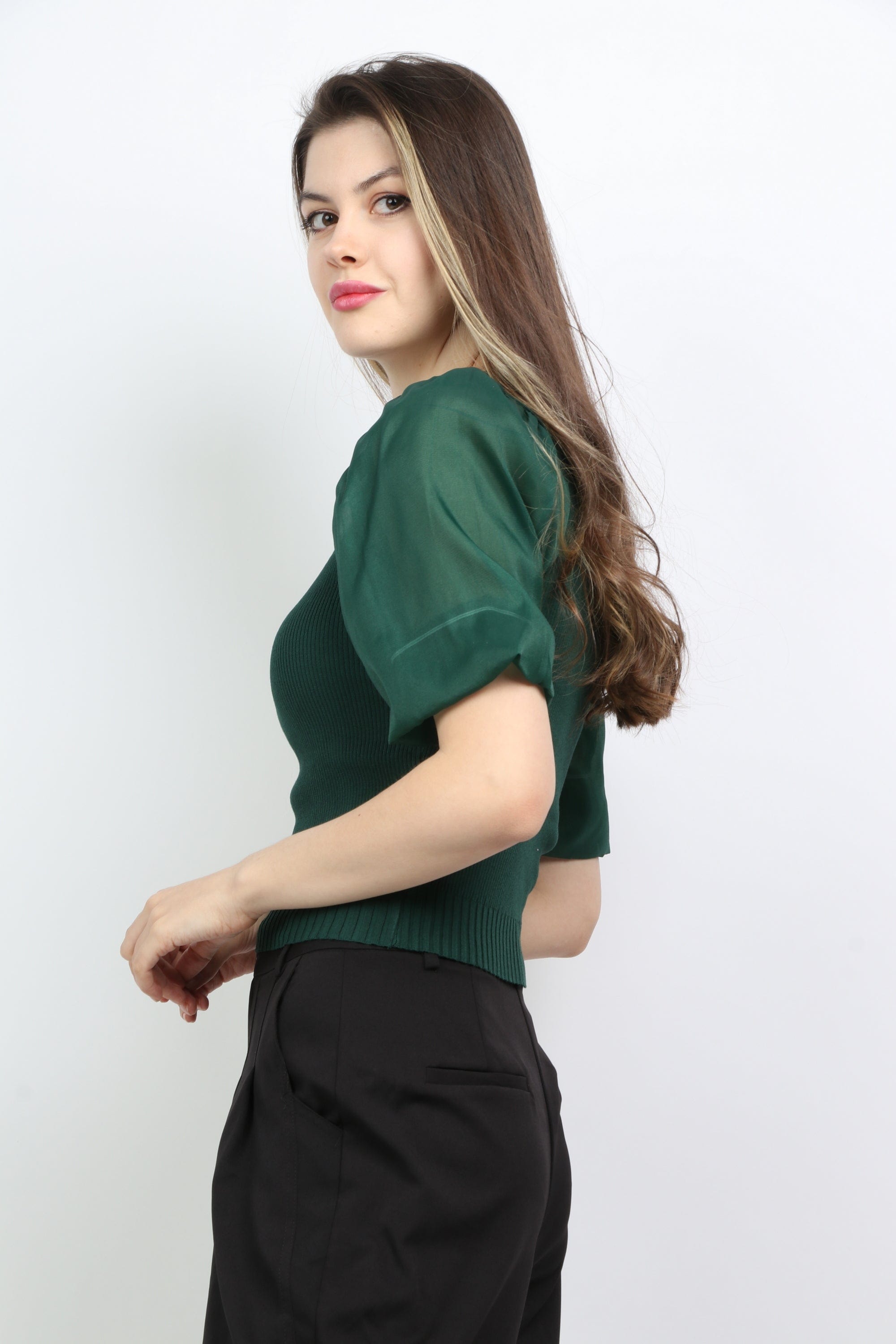 ميكا بلوزة سادة بياقة مربعة أكمام شيفون نسائي