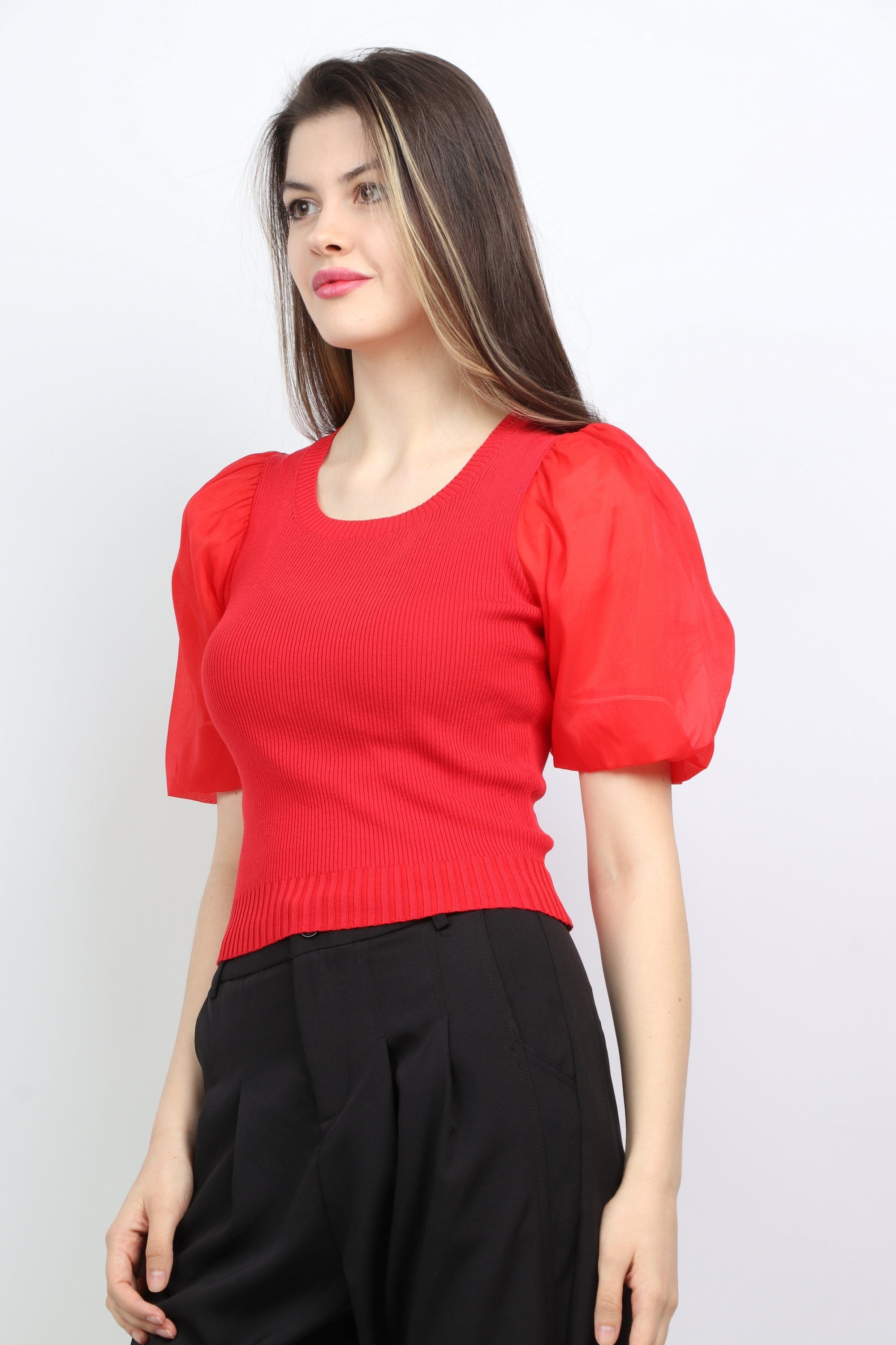 ميكا بلوزة سادة بياقة مربعة أكمام شيفون نسائي