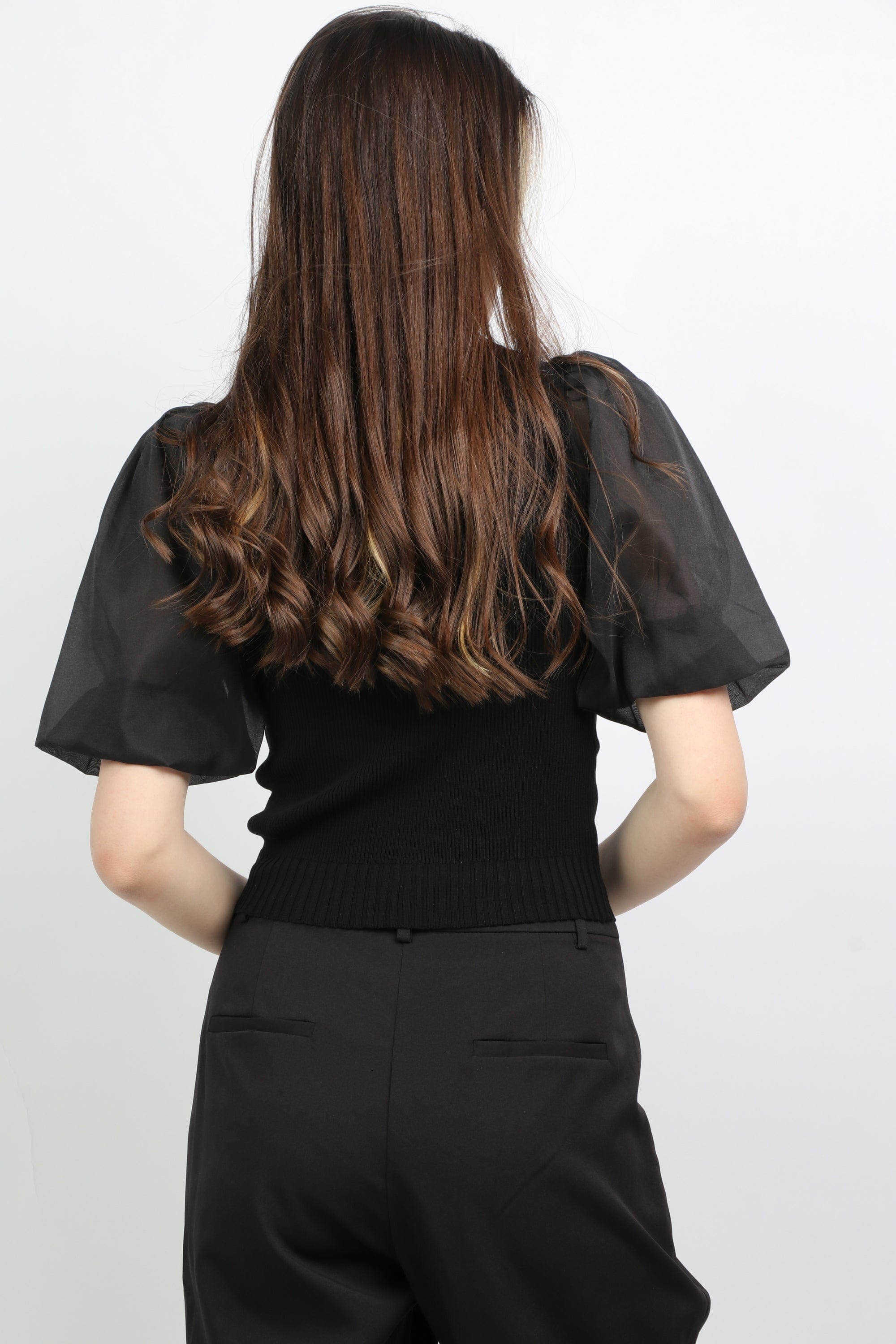 ميكا بلوزة سادة بياقة مربعة أكمام شيفون نسائي