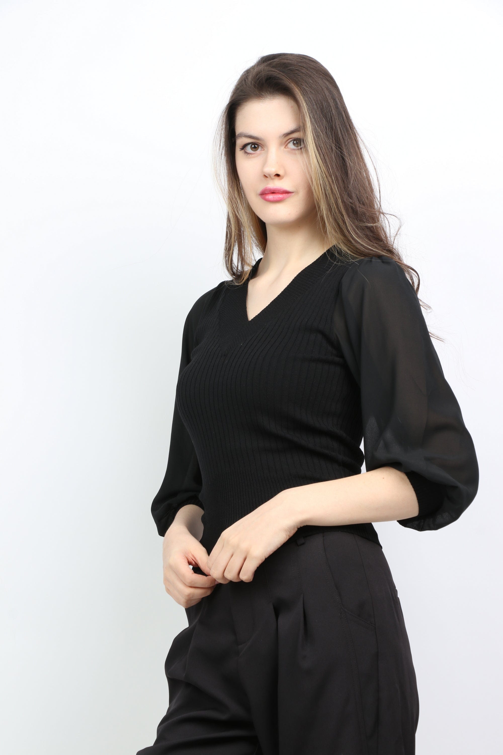 ميكا بلوزة بدي مضلع بأكمام منفوخة نسائي