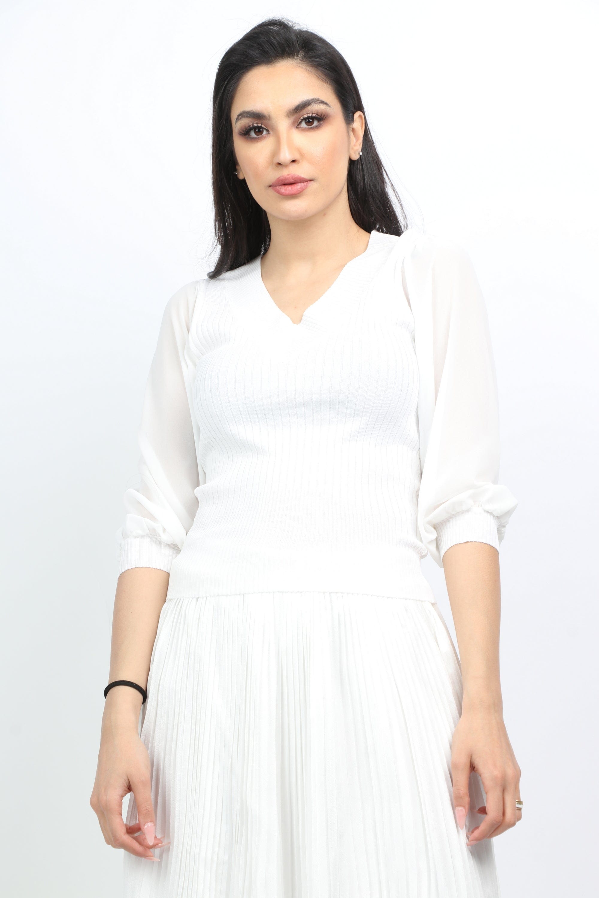 ميكا بلوزة بدي مضلع بأكمام منفوخة نسائي