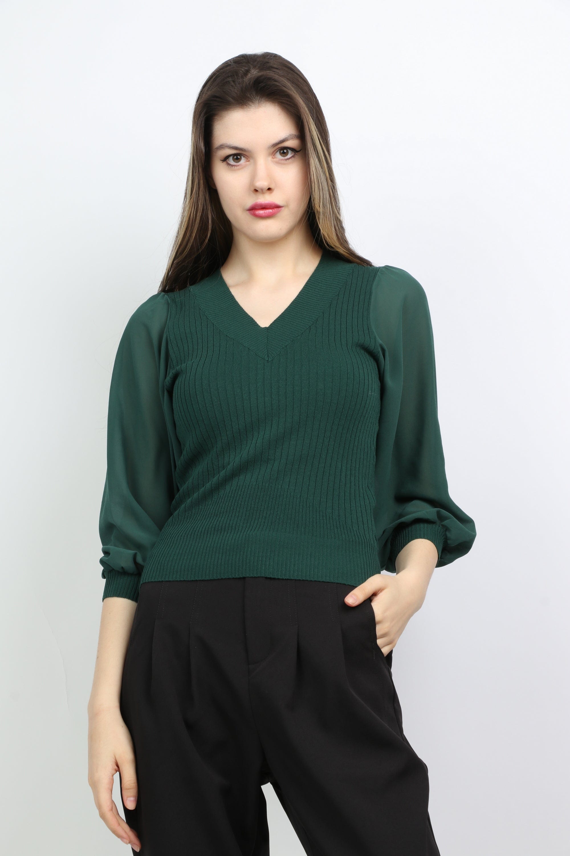 ميكا بلوزة بدي مضلع بأكمام منفوخة نسائي