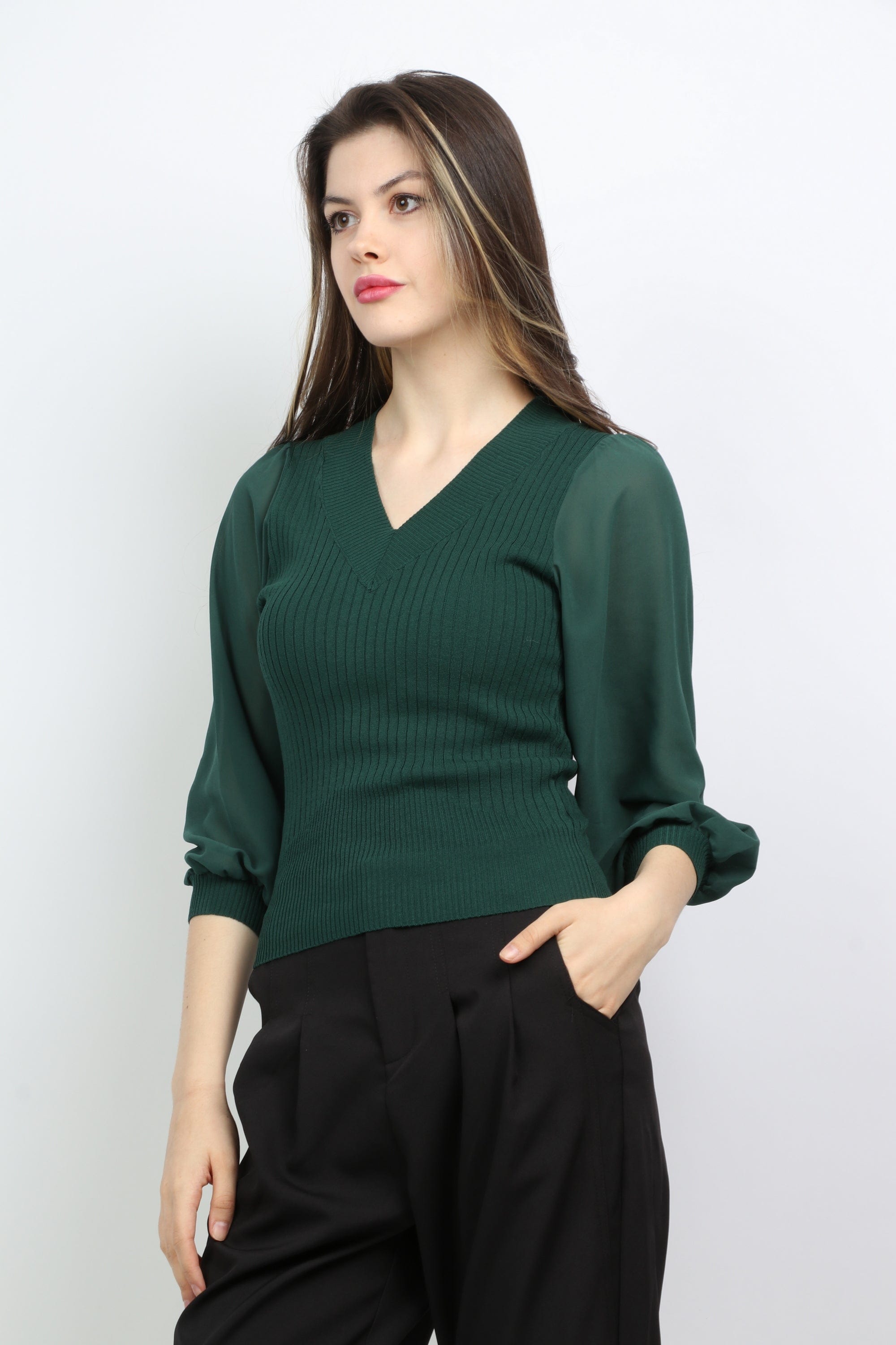 ميكا بلوزة بدي مضلع بأكمام منفوخة نسائي