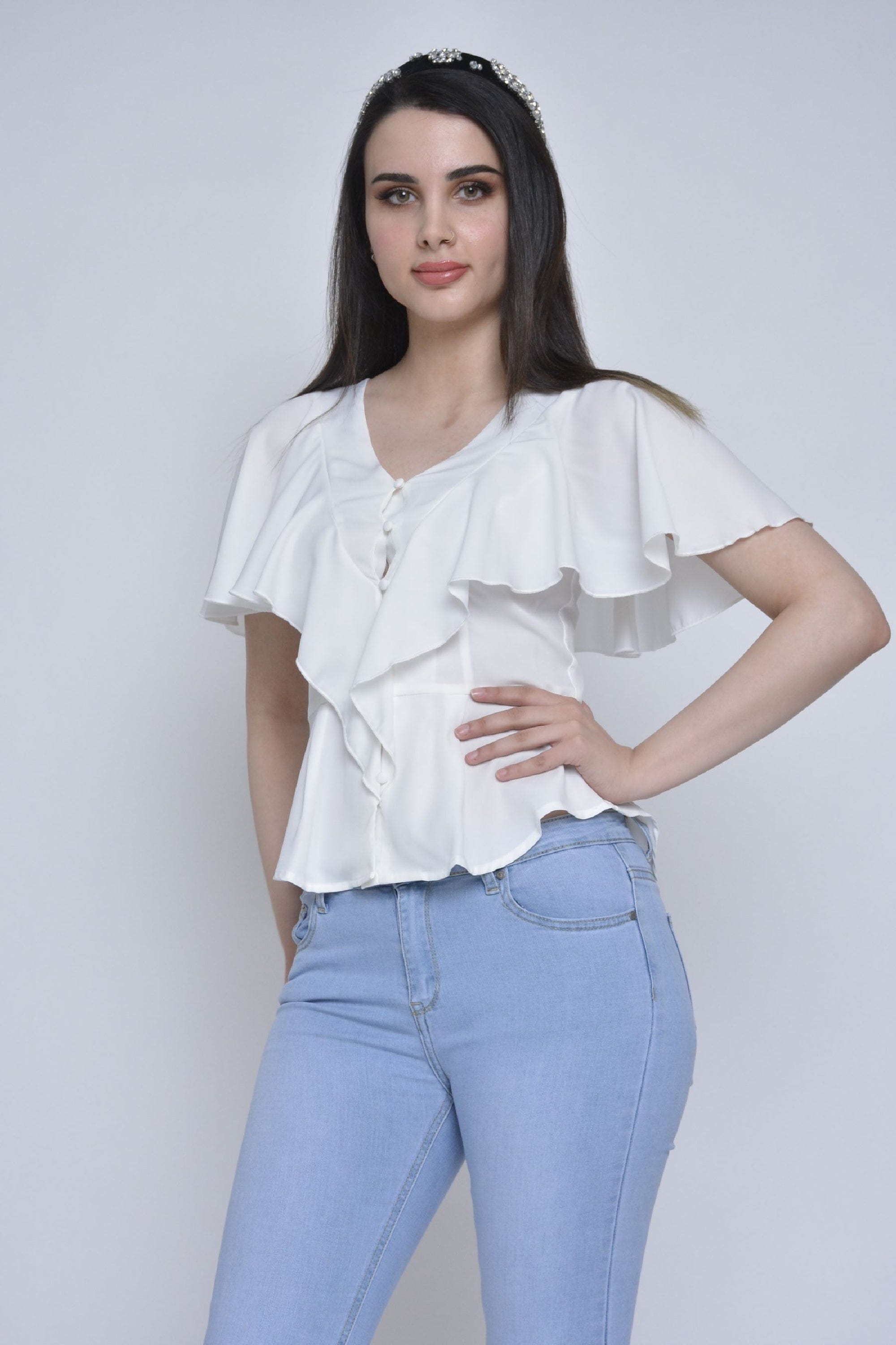 ميكا بلوزة كلاسيك بأزرار أمامية وكم قصير فراشة نسائي