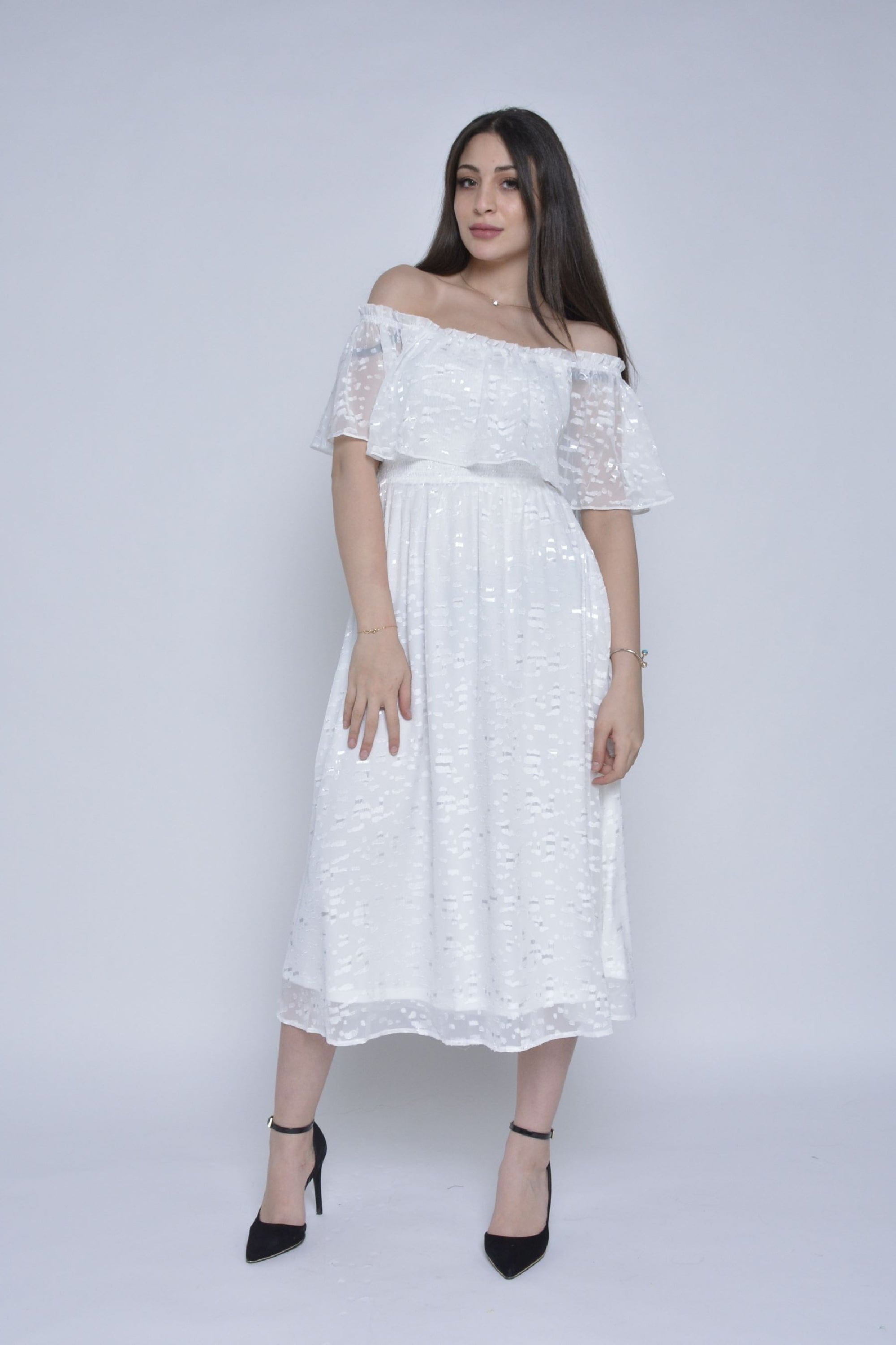 ميكا فستان ميدي كم قصير اوف شولدر شيفون