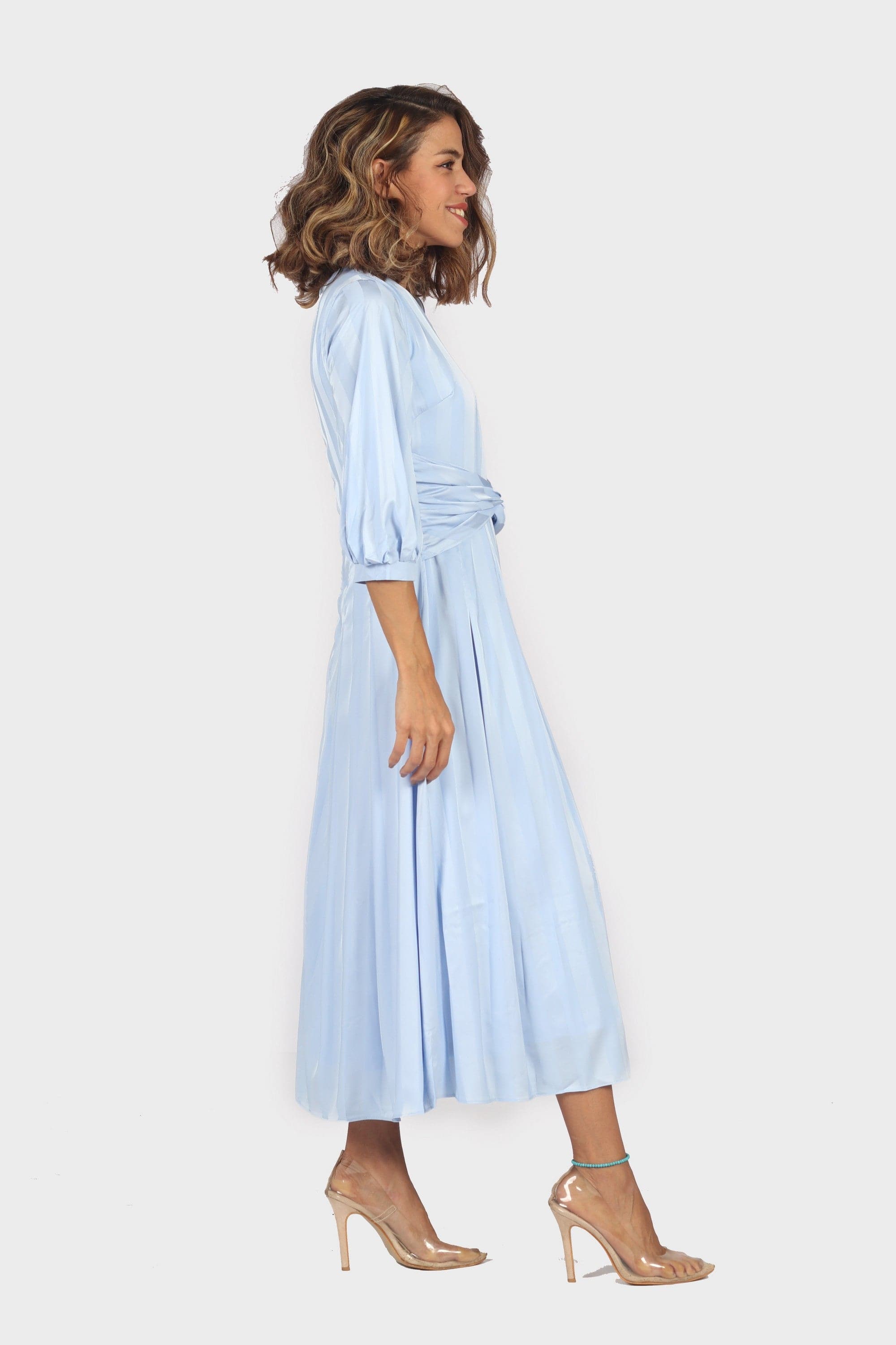 ميكا فستان ميدي بأكمام 4/3 مزموم من الخصر