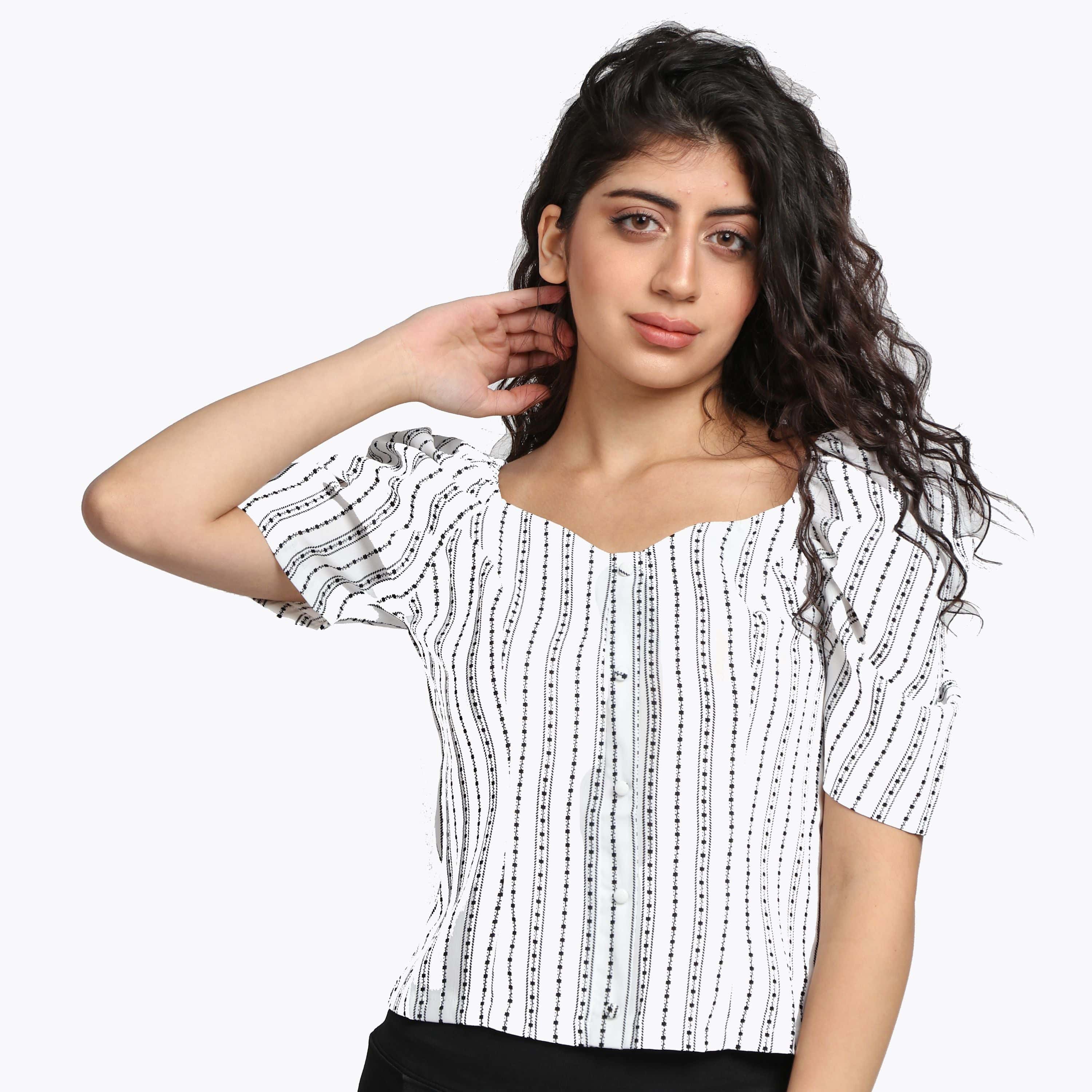 ميكا بلوزة مخططة كم قصير منفوخة نسائي